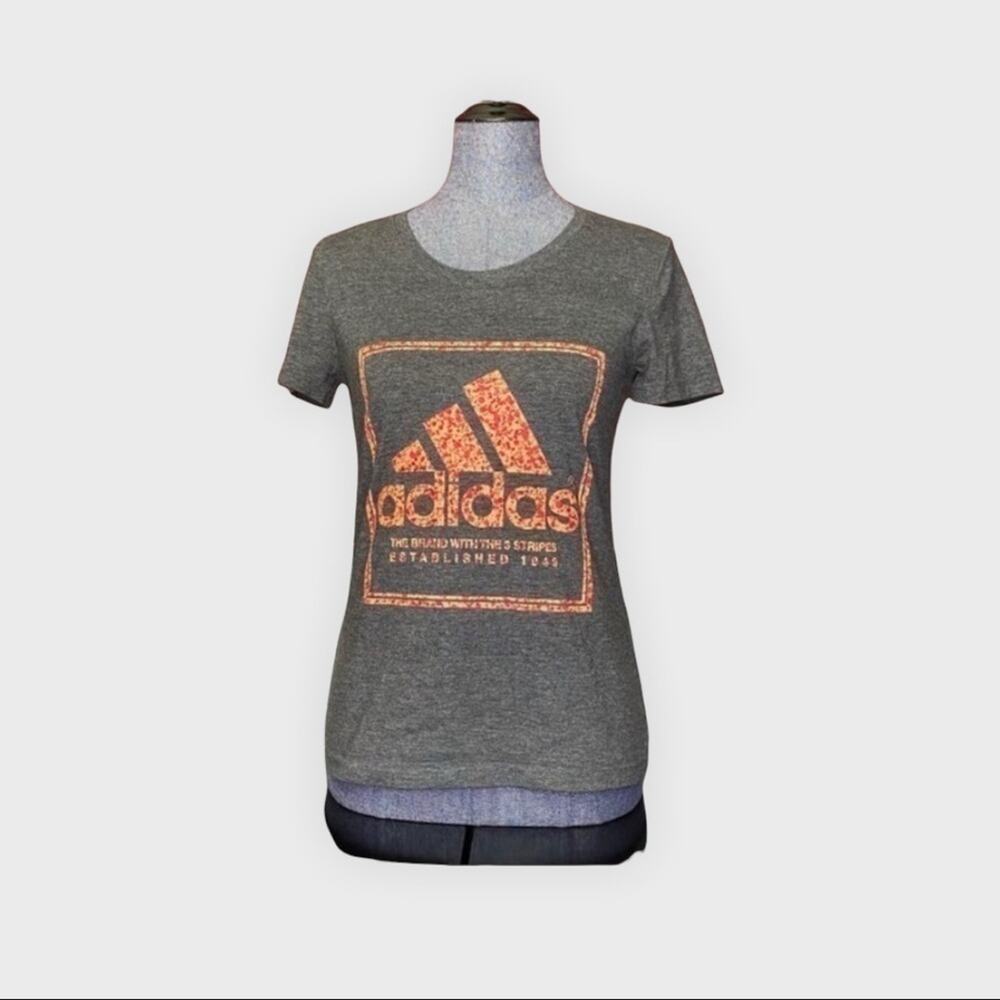 adidas gray orange 3 stripes graphic tee shirt S